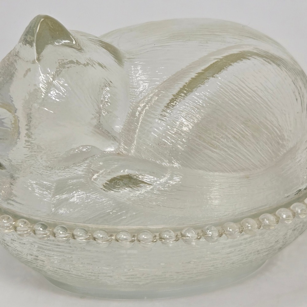 Vintage Cat On Nest Confections Indiana Glass KITTEN CANDY BOX Candy Dish - Picture 3 of 11